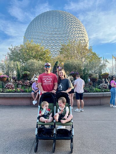 family at Disney World standing in front of Epcot