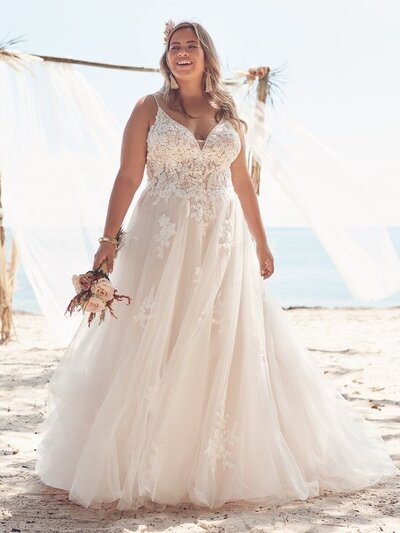 Lace Ball Gown Wedding Dress Favorite This lace ball gown wedding dress is designed to shimmer under light, be it dappled sunlight, a starry evening, rustic candles, or disco ball.