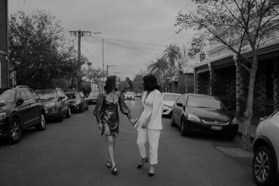 brides walking through the streets of Collingwood for portraits