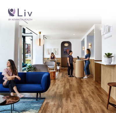 Brand identity design for Liv by Advantia Health, featuring modern office interior and logo mockup