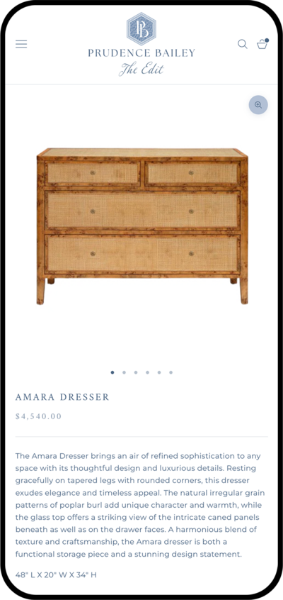 iPhone mockup of The Edit By Prudence Bailey product page of the Amara Dresser.