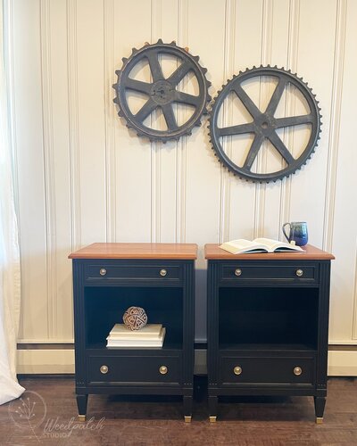 Bedroom set in black includes tallboy dresser, long dresser, and a set of nightstands