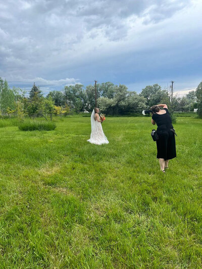 Montana wedding photographer outside with bride