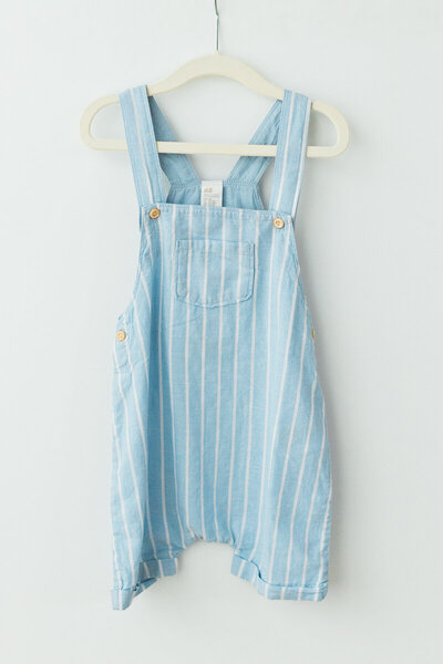 blue and white striped baby boy overalls