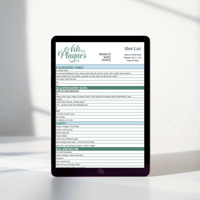 Styled shoot timeline and shot list bundle to ensure a seamless, well-organized photo shoot. Includes a structured day-of schedule and a detailed shot list to help wedding planners and photographers capture must-have images for their portfolio.