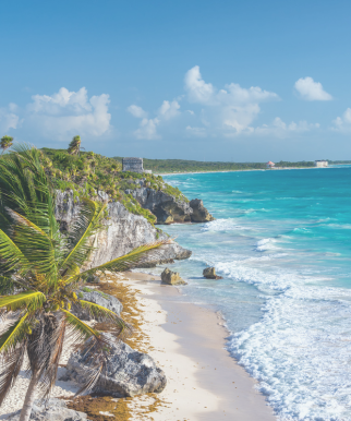 Caribbean coastline in Riviera Maya with white sand beach, turquoise water, and palm-fringed tropical vibe.