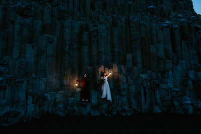 Reynisfjara Iceland Elopement, lanterns in the evening