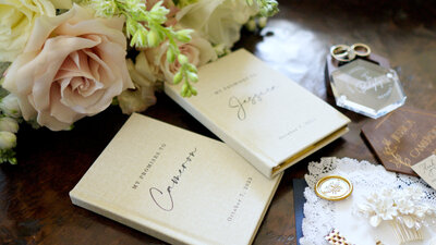 flatlay of bridal book and wedding rings