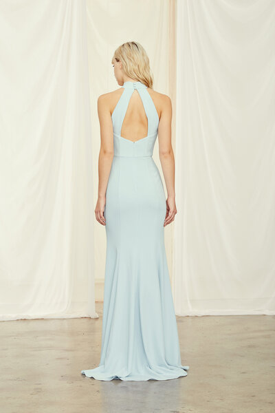 Bridesmaids + GB129P + CORA Dress + High Collar + Wide Strap + Keyhole Back + Fit to Flare + Slit + Crepe + Back