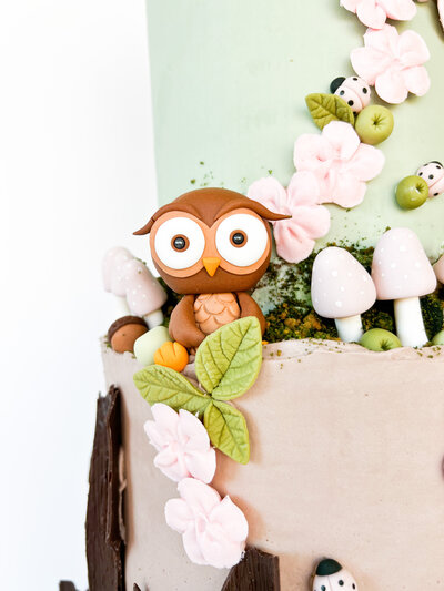 Close up of a nature cake with an owl, mushroom and plants.