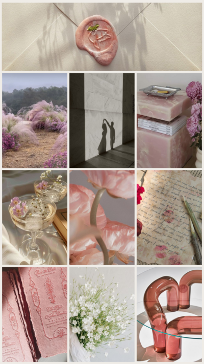 Wild Romance wedding mood board with bold florals, rich colors, dramatic textures, and untamed, passionate design elements.