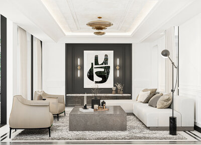 Living room with an Art piece in background