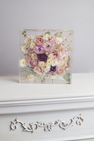 colorful and lush pink bouqeut preserved in resin