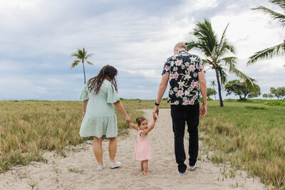 family walking hand in hand on the beach with little girl looking back over her shoulder at the camera