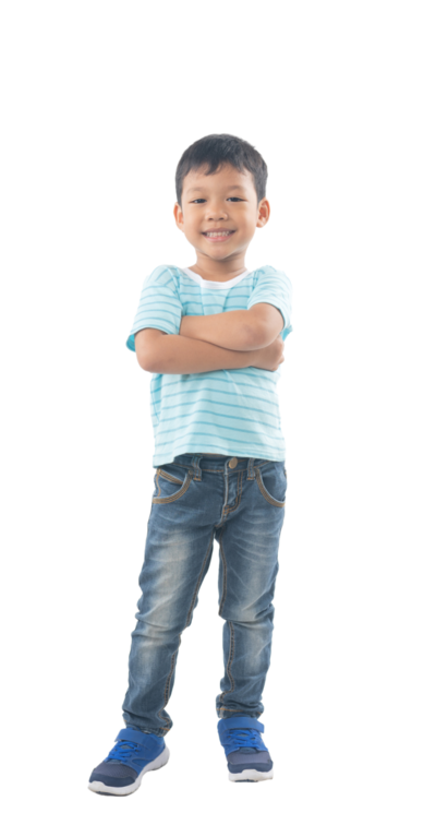 little boy standing with arms crossed on white background