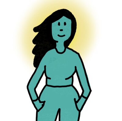 Blue Lady standing happily with yellow glow behind her