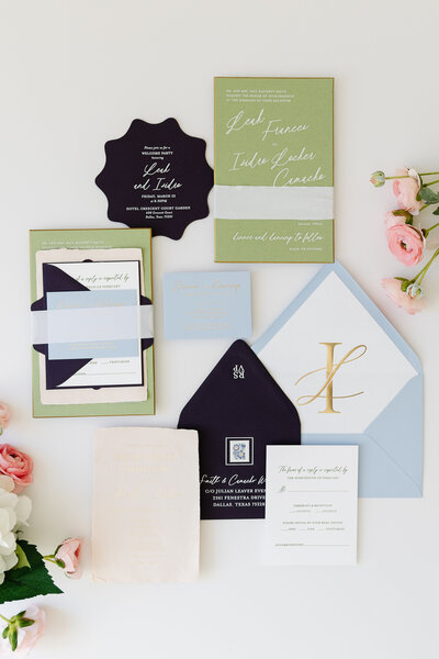 Green, blue, navy and gold wedding invitations for a Dallas Wedding