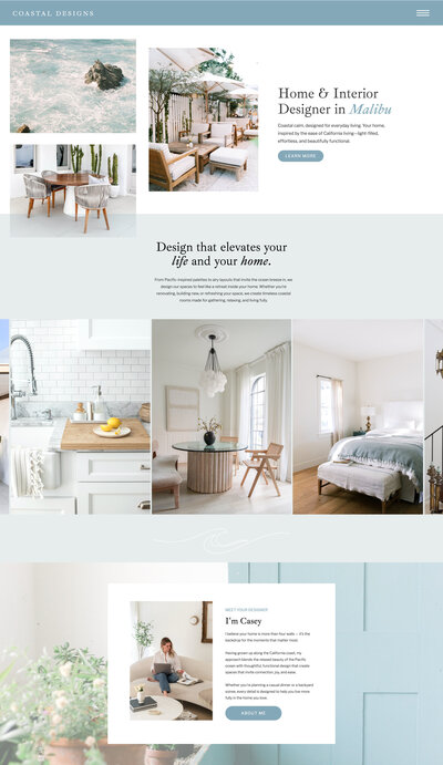 A website design example of a showit website with light blue and white colors