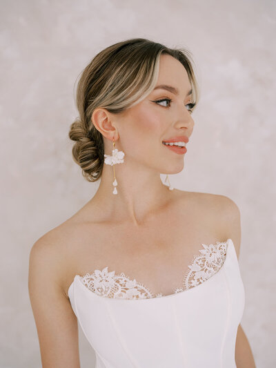Elegant gold and white bridal earrings, jewelry by Joanna Bisley Designs, romantic and modern wedding jeweler based in Calgary, Alberta.  Featured on the Brontë Bride Vendor Guide.