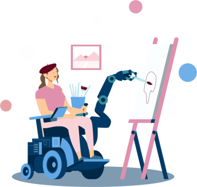 Woman in electric wheelchair with robot arm does art 