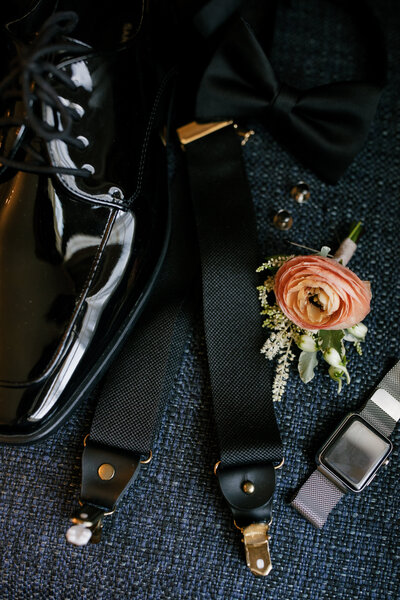 Groom details with bowtie, shoes, watch, cufflinks & boutonniere