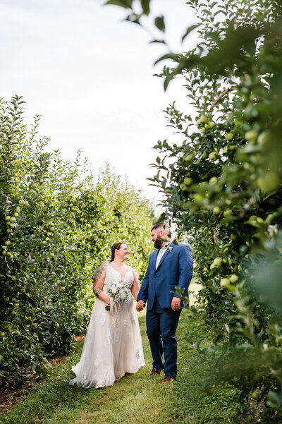 Virginia wedding photographer captured orchard wedding venue in Shenandoah wedding venue with bride and groom holding hands and smiling at one another while standing between two rows of trees