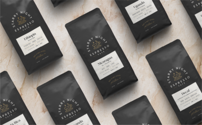 Close up of Starry Night Espresso Cafe packaging - Marrow Design