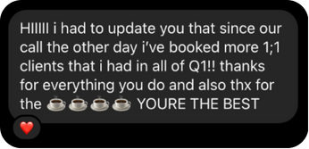 Testimonial images showing audience growth and increased sales from Jenna Harding’s coaching