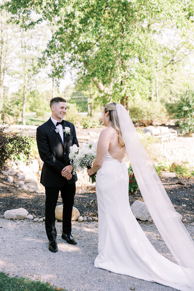 Bride and groom walk up memorial steps at their DC wedding