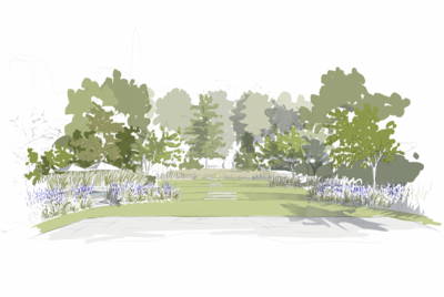 Esquisse d'un jardin arboré avec vue sur la maison