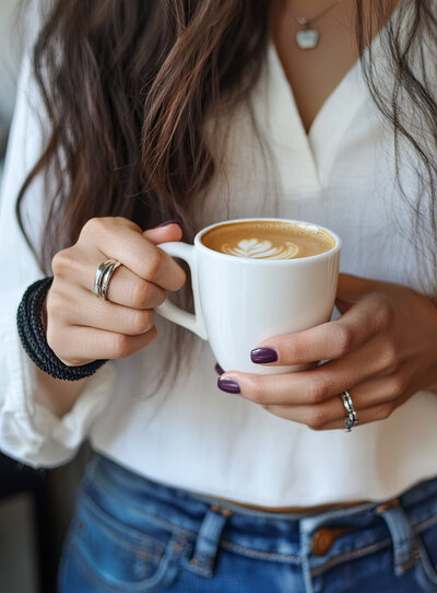 Close up branding photo of a woman's hands with purple nail polish holding a cappuccino.