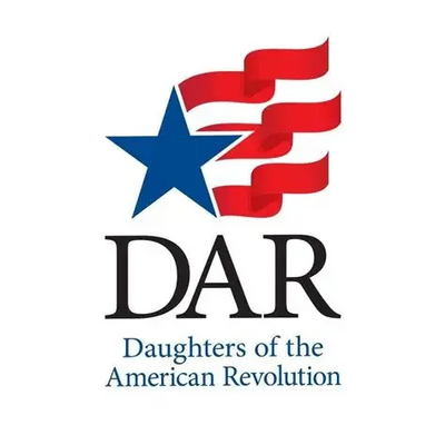 Logo of Daughters of the American Revolution featuring a blue star and red waving ribbon, with the text 'DAR' and 'Daughters of the American Revolution'.