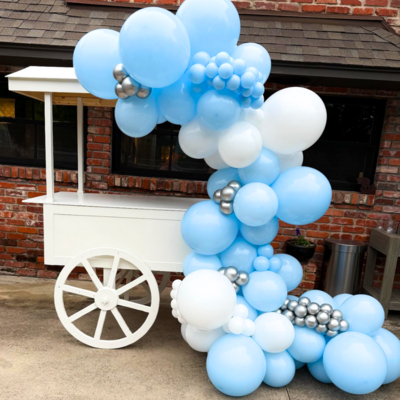 Champagne Cart with Light blue and white balloons by Larae Soiree