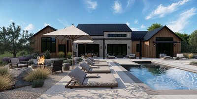 backyard design with lounge chairs and umbrellas