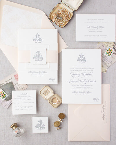 Custom monogram letterpress wedding invitations