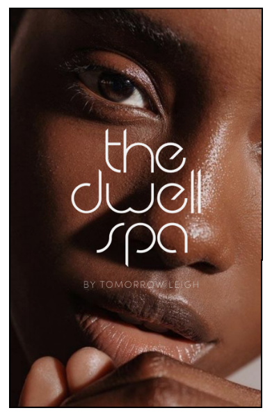 White logo for The Dwell Spa layered on top of portrait showing off model's skin.
