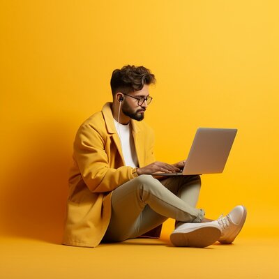 muž sedí na zemi, na sytě žlutém pozadí, a pracuje na laptopu