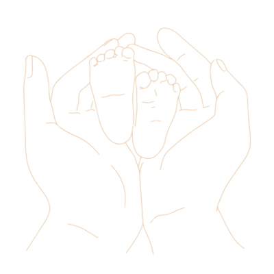 orange illustration of a mother's hand holding a newborn's feet
