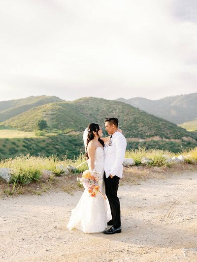 Bride and groom embrace in front of green hills under a soft sky. The bride holds a pastel bouquet, dressed in white lace, creating a romantic scene.
