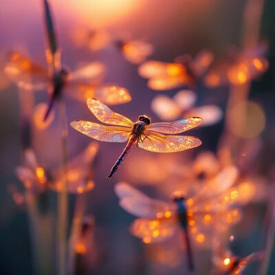 dragonflies at dusk with warm light hitting their wings