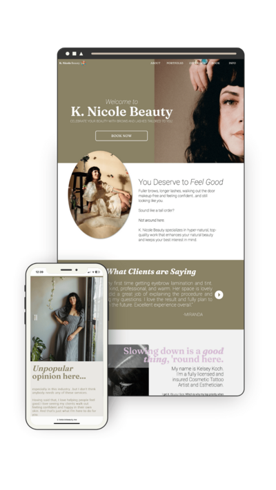 An iphone and a screenshot of a homepage website design both portray an example of a Showit website design by Bloem Creations for a lash artist. 