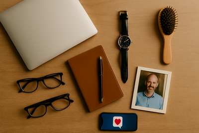 Flat lay of dating profile photo session essentials including notebook, phone, coffee, glasses, and plant on wooden table for Minneapolis photographer branding.