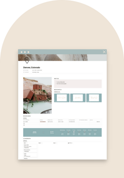 travel planner notion template dashboard page with travel itinerary
