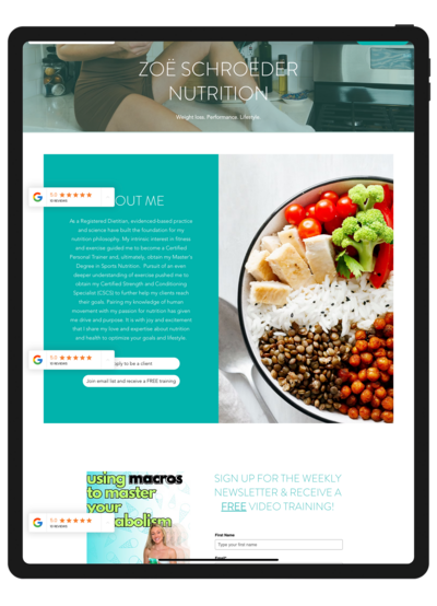 A screenshot of Zoe Schroeder Nutrition previous website design displayed on an iPad, showing the outdated layout and structure before the redesign by Unica Formo to enhance user experience and functionality.