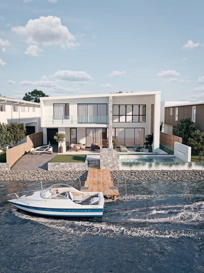 Solis – A luxury modern home by NXTgen Construction featuring a waterfront backyard, private jetty, and resort-style pool.