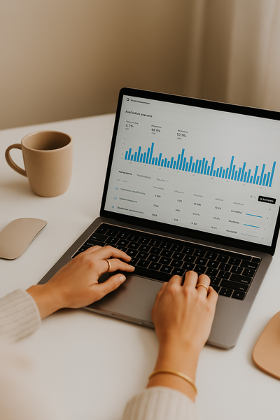 Flat lay image of a woman's hands working on a laptop with the Kit (formerly ConvertKit) email dashboard open, showcasing email marketing tools for creators and small business owners.