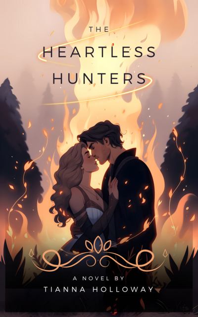 Book cover concept for The Heartless Hunters features a stylized illustrated couple in a romantic embrace, silhouetted against rising flames. The background shows tall, dark pine trees and golden light, evoking fantasy and danger. Typography is serif, slightly weathered, in a warm gold tone. The cover blends romance, heat, and high-stakes storytelling.