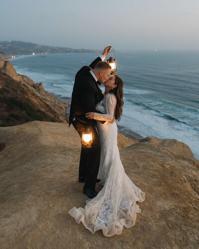 bride and groom with lanterns at San Diego Elopement
