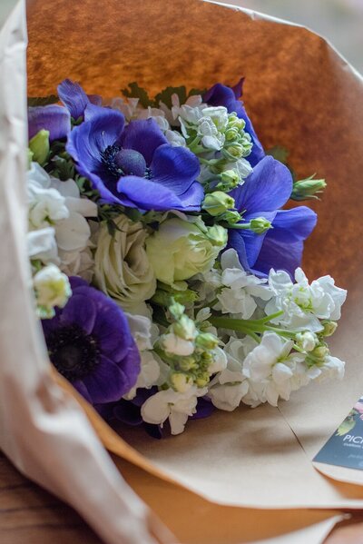 photo of a bouquet of purple flowers by Oak Park florist Pickle Hill Parties