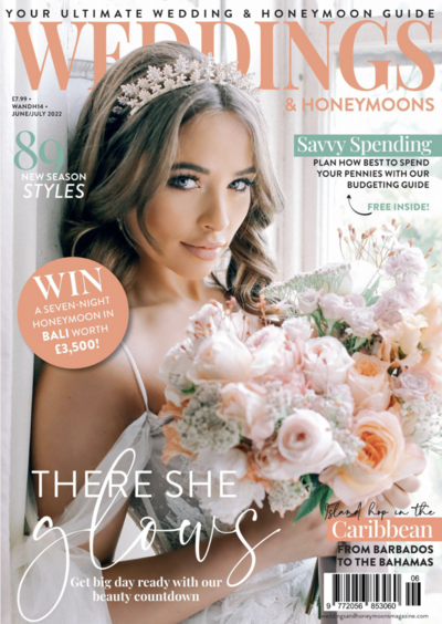 Weddings & Honeymoons magazine cover featuring a Luxus Events bride with a bouquet. Luxus Events provides wedding planning tips and styles.